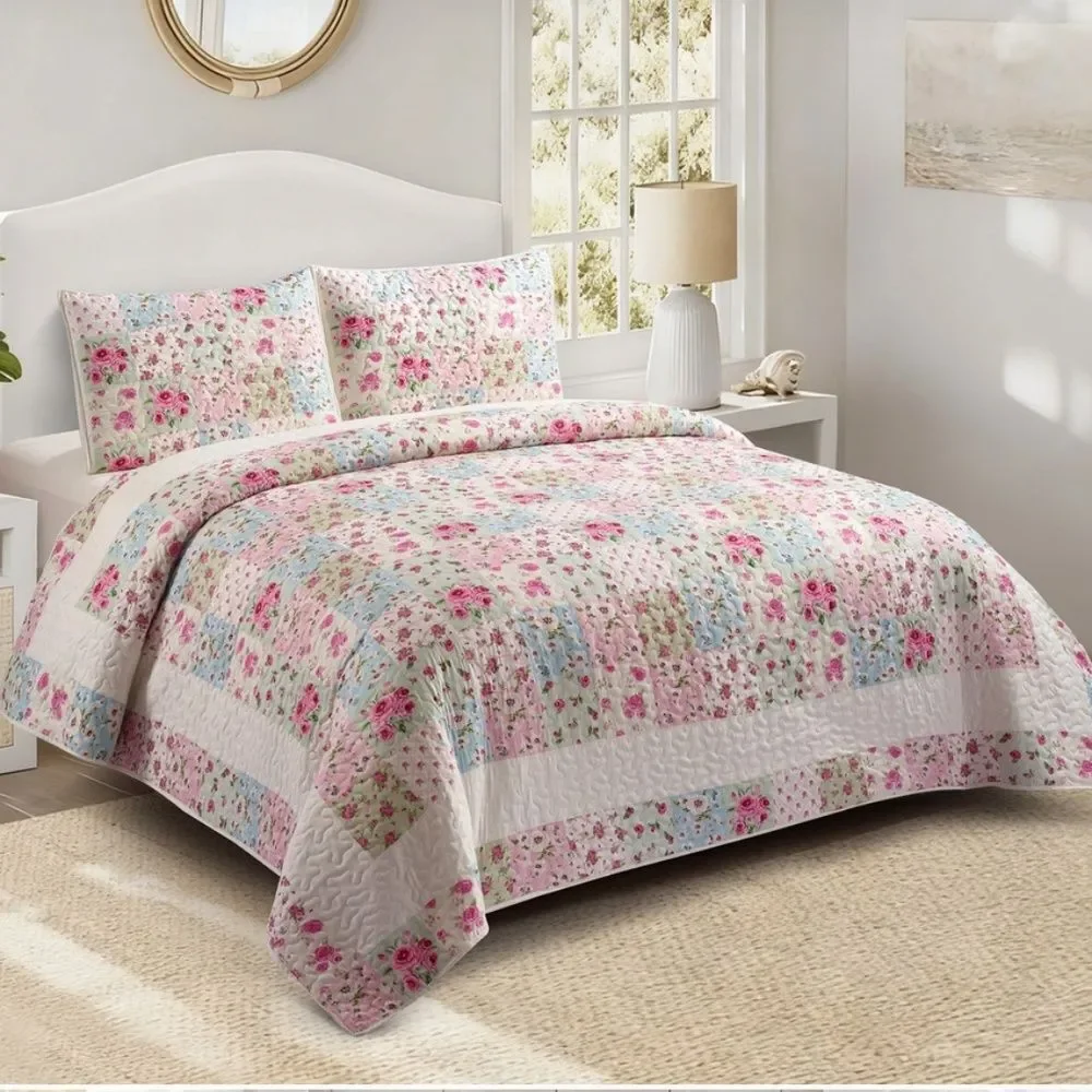Ditsy Cottage Pink Floral Printed Patchwork King Quilt Set Farmhouse Shabby Chic